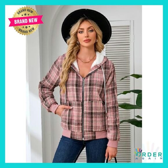 Sherpa Lined Flannel Hoodie Jacket Cozy Casual Full Zip Plaid Oversized - Picture 6 of 8